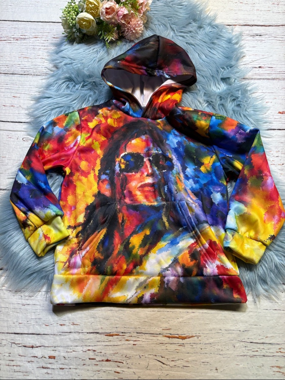 Kids Vibrant Multicolor Michael Jackson Art Portrait Hoodie sz M
